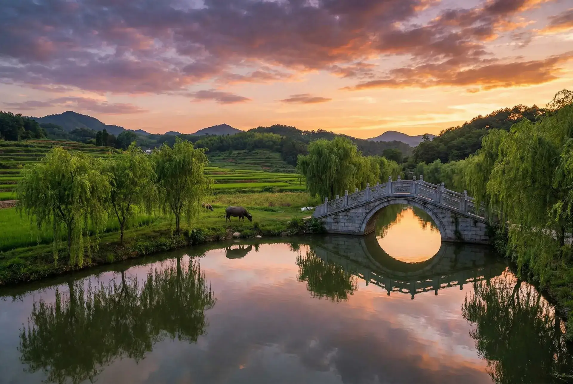 夕阳下的石拱桥与垂柳，水牛在河边吃草 - 性愛 乡村美景